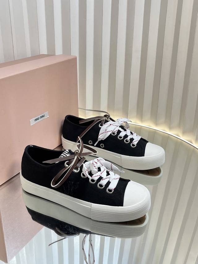 miumi* 25Ss Retro Style Biscuit Shoes Casual Canvas Shoes Double Laces Cloth