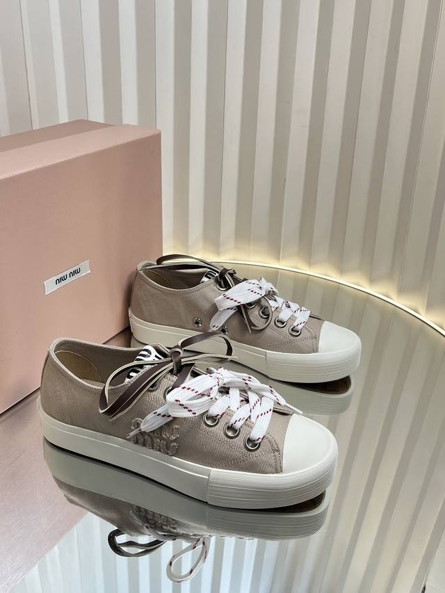 miumi* 25Ss Retro Style Biscuit Shoes Casual Canvas Shoes Double Laces Cloth