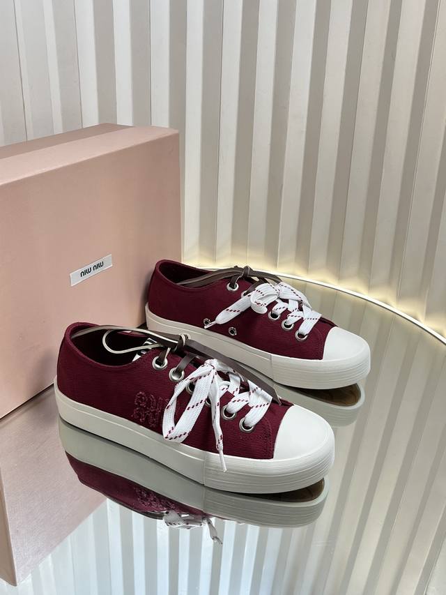 miumi* 25Ss Retro Biscuit Shoes Casual Canvas Shoes Double Laces Cloth Shoes