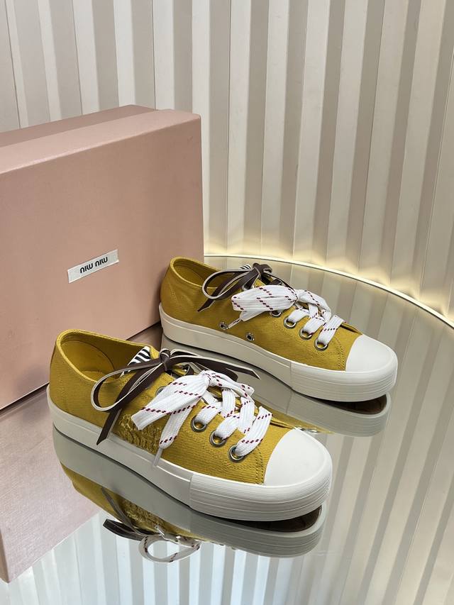 miumi* 25Ss Retro Style Biscuit Shoes, Casual Canvas Shoes, Double Shoelaces,