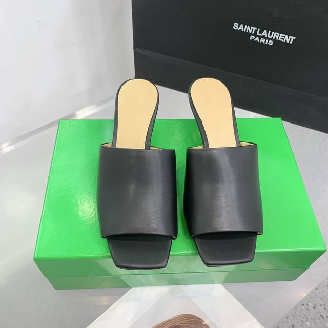 bv Knot Series Metal Heel High-Heeled Slippers. This Square-Toed Slipper Is S