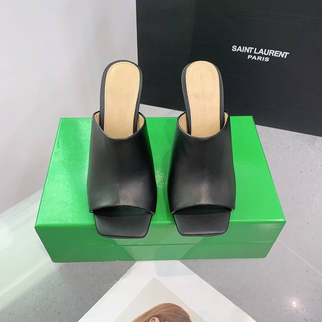 bv Knot Series Metal Heel High-Heeled Slippers. This Square-Toed Slipper Is S