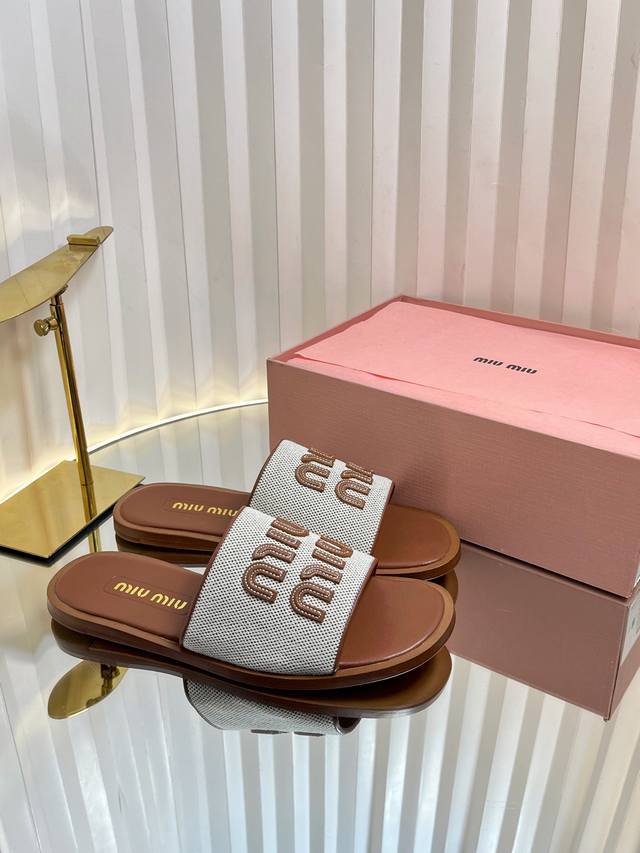 miumiu Miu Miu Spring Straw Slippers Miumiu Flat-Bottom Micro-Logo Sandals Ar