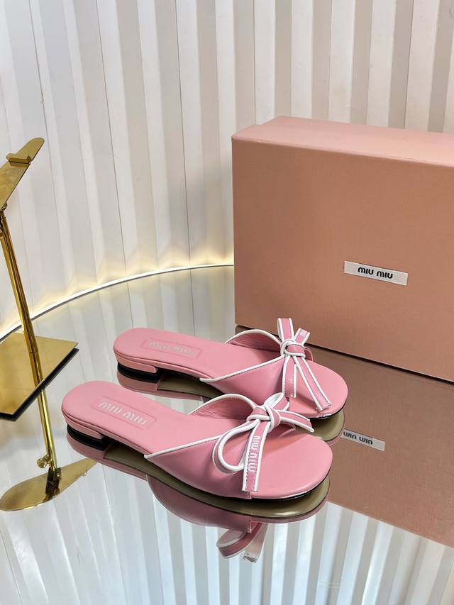 miumiu25Ss Spring And Summer Miu Miu Bow Slippers Pure Leather Sandals Simple
