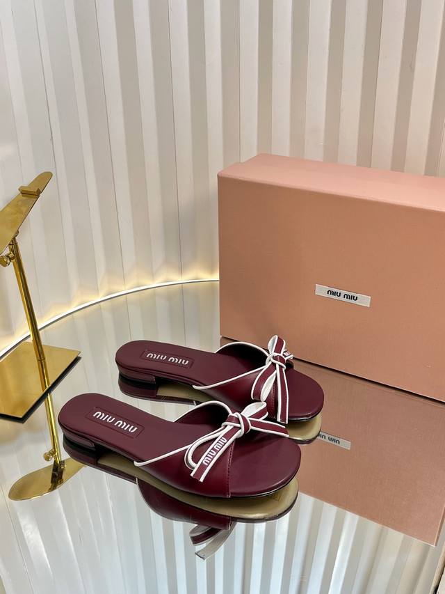 miumiu25Ss Spring And Summer Miu Miu Bow Slippers Pure Leather Sandals Simple