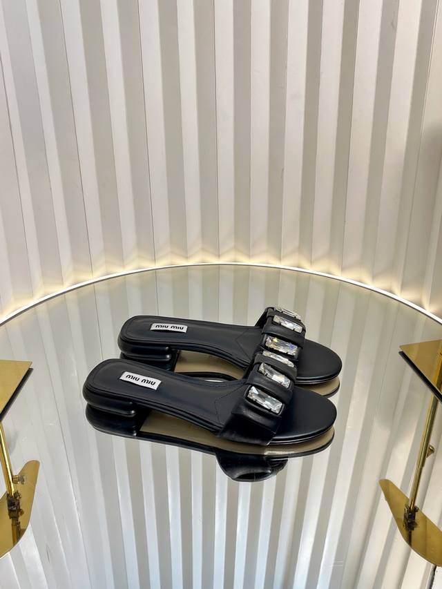 miumi* 25Ss Purchasing-Level Diamond-Surface Pleated Flat Slippers Miu Comfor