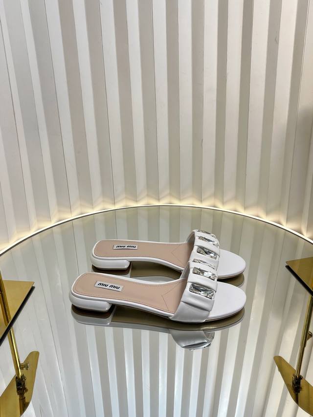 miumi* 25Ss Purchasing-Level Diamond-Surface Pleated Flat Slippers Miu Comfor