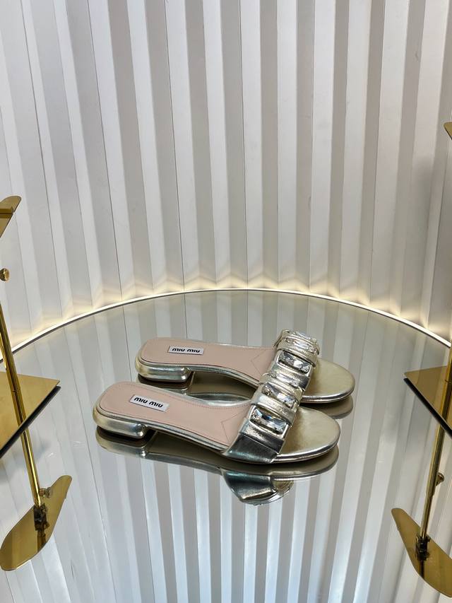 miumi* 25Ss Purchasing-Level Diamond-Surface Pleated Flat Slippers Miu Comfor