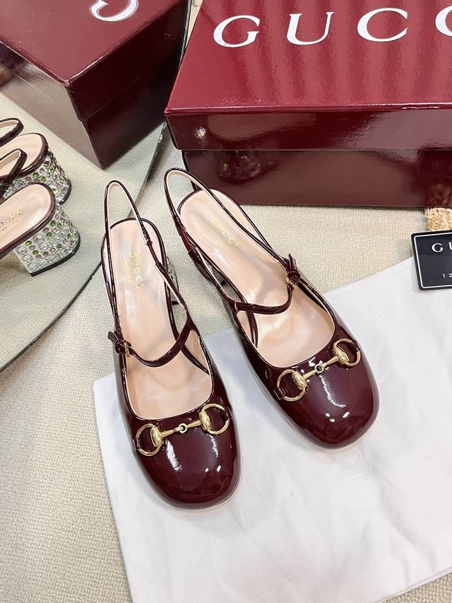 g New Gucci Horsebit Slingback Sandals With Thick Heels And Patent Leather Sa