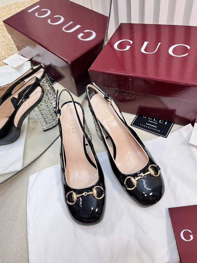g New Gucci Horsebit Slingback Sandals With Thick Heels And Patent Leather Sa