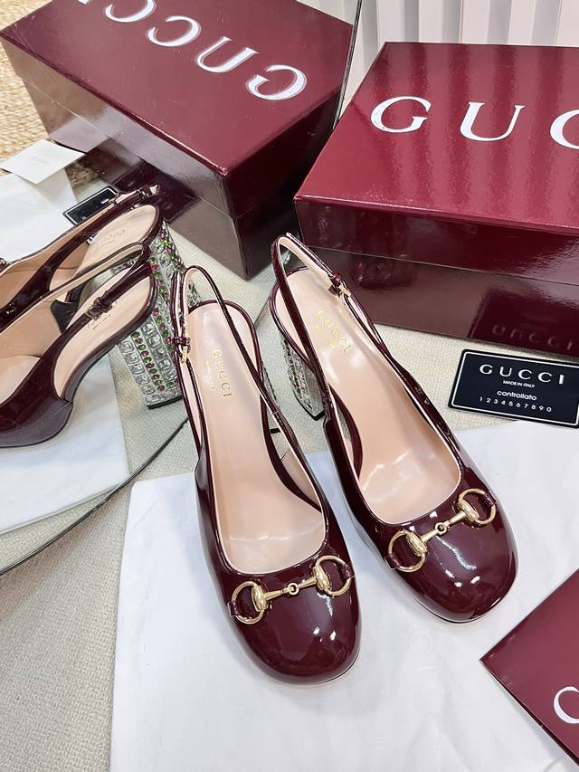 g New Gucci Horsebit Slingback Sandals With Thick Heels And Patent Leather Sa