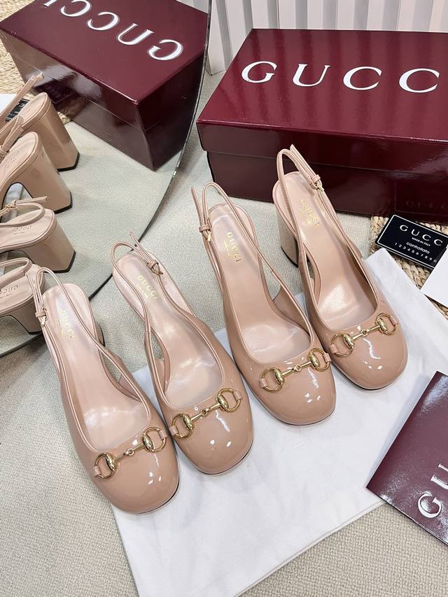 g New Gucci Horsebit Slingback Sandals With Thick Heels And Patent Leather Sa