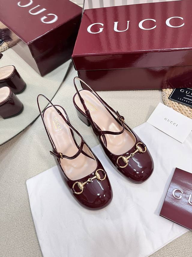 g New Gucci Horsebit Slingback Sandals With Thick Heels And Patent Leather Sa