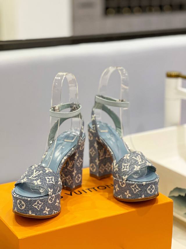 Factory Spring And Summer New Waterproof Denim High-Heeled Sandals Fabric Denim