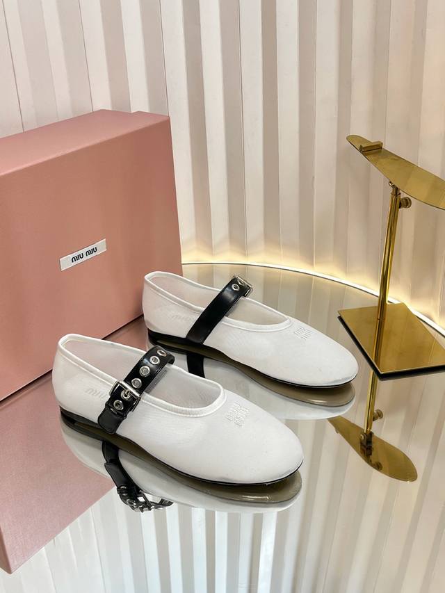 Top Version Miu Miu Hollow Mesh Ballet Flats Single Shoes Miu Miu Women's Bow-De