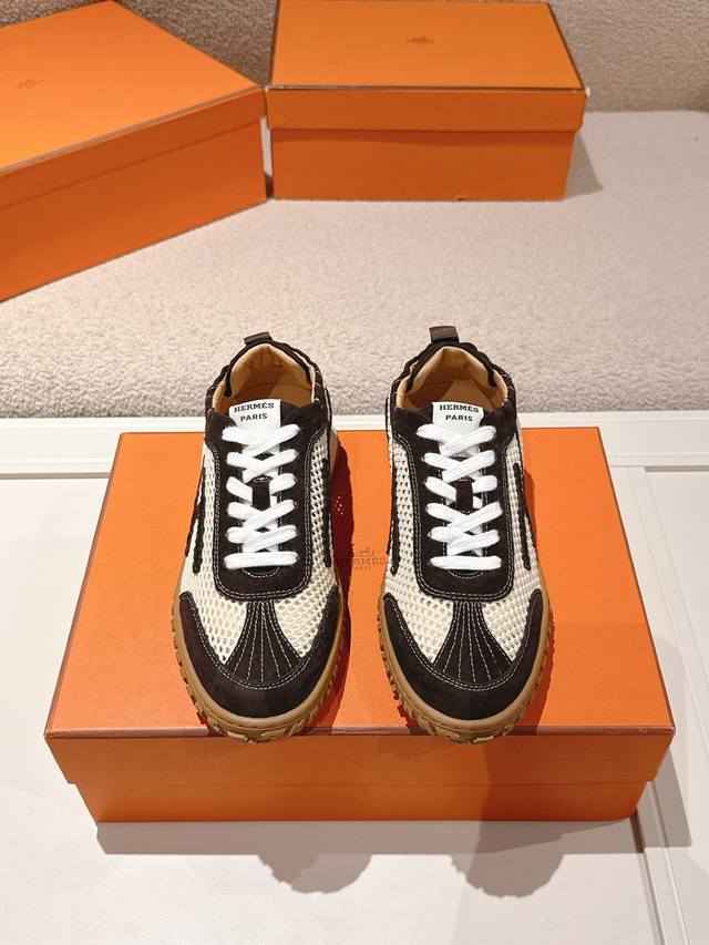 Men +10 Hermes Top Version# 24Ss Casual Sneakers Suede Goatskin Sneakers Decorat