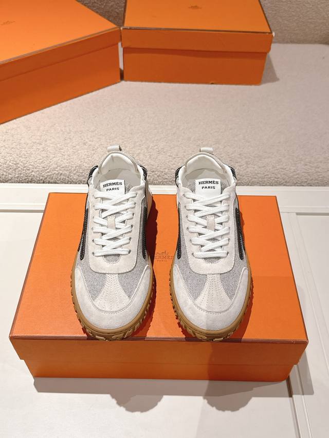 Men +10 Hermes Top Version# 24Ss Casual Sneakers Suede Goatskin Sneakers Decorat