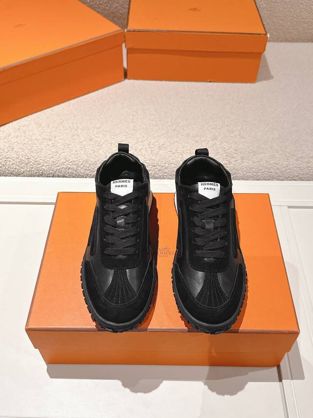 Men +10 Hermes Top Version# 24Ss Casual Sneakers Suede Goatskin Sneakers Decorat