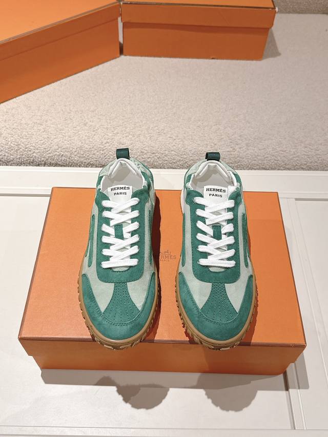 Men +10 Hermes Top Version# 24Ss Casual Sneakers Suede Goatskin Sneakers Decorat