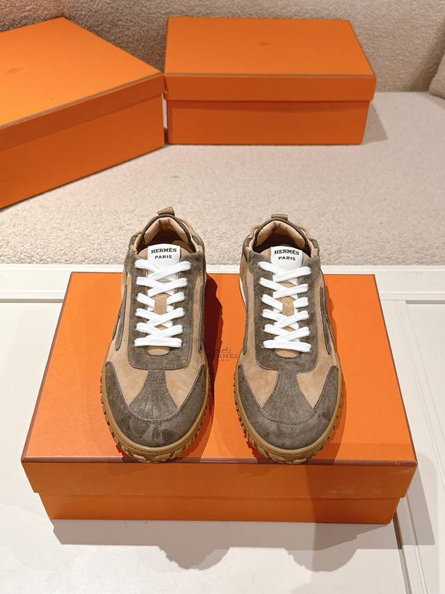 Men +50 Hermes Top Version# 24Ss Casual Sneakers Suede Goatskin Sneakers Decorat