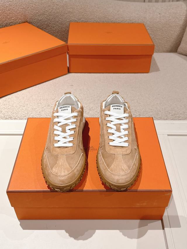 Men +10 Hermes Top Version# 24Ss Casual Sneakers Suede Goatskin Sneakers Decorat