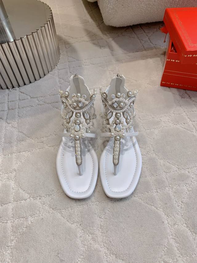 Factory Price P Ren* Caovill* Heavy Industry Crystal Gem Flat Sandals Bling Blin