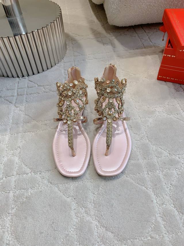 Factory Price P Ren* Caovill* Heavy Industry Crystal Gem Flat Sandals Bling Blin