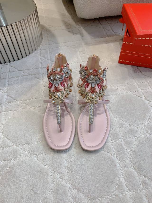 Factory Price P Ren* Caovill* Heavy Industry Crystal Gem Flat Sandals Bling Blin
