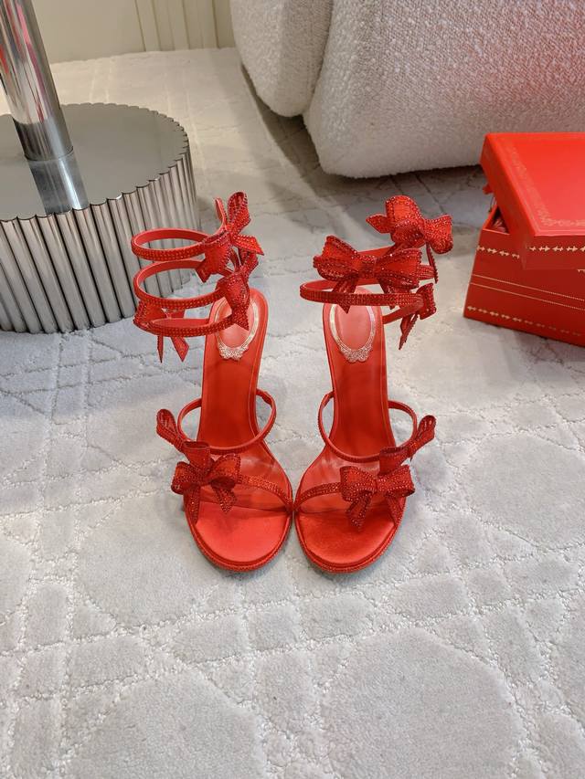 Factory Price P Ren* Caovill* New Rhinestone Bow High-Heeled Sandals Bling Bling