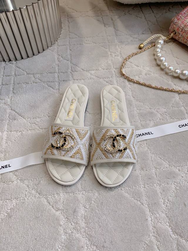 Factory Price P Chane* New Flat Slippers Classic Holiday Style Double Logo Decor