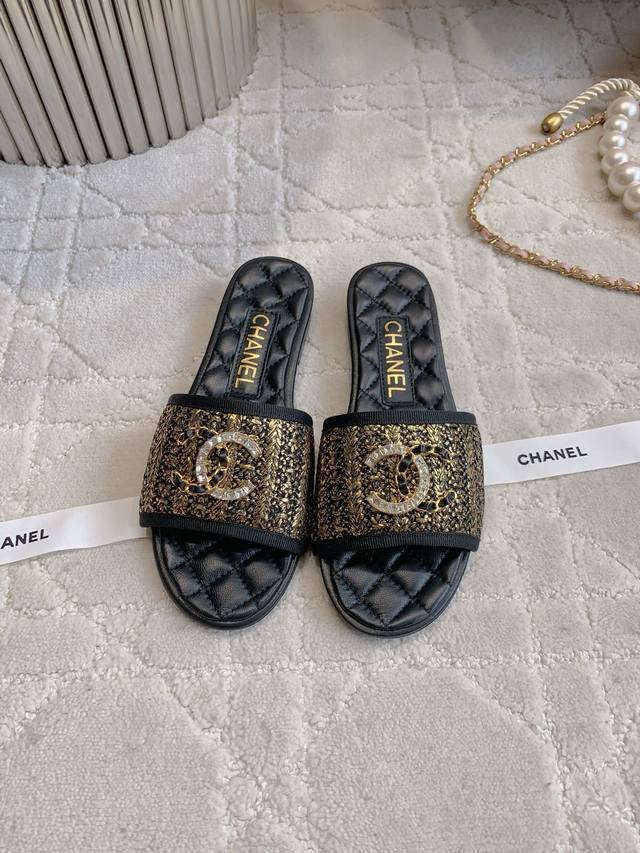 Factory Price P Chane* New Flat Slippers Classic Holiday Style Double Logo Decor