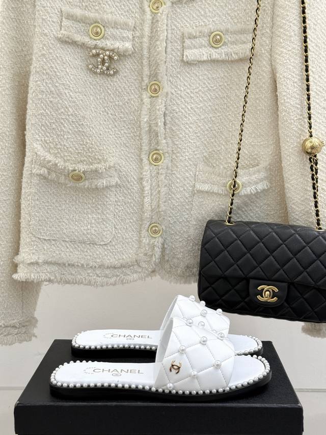 Factory Price Chane* Chanel 25P Spring And Summer New Product Pearl Flat Slipper