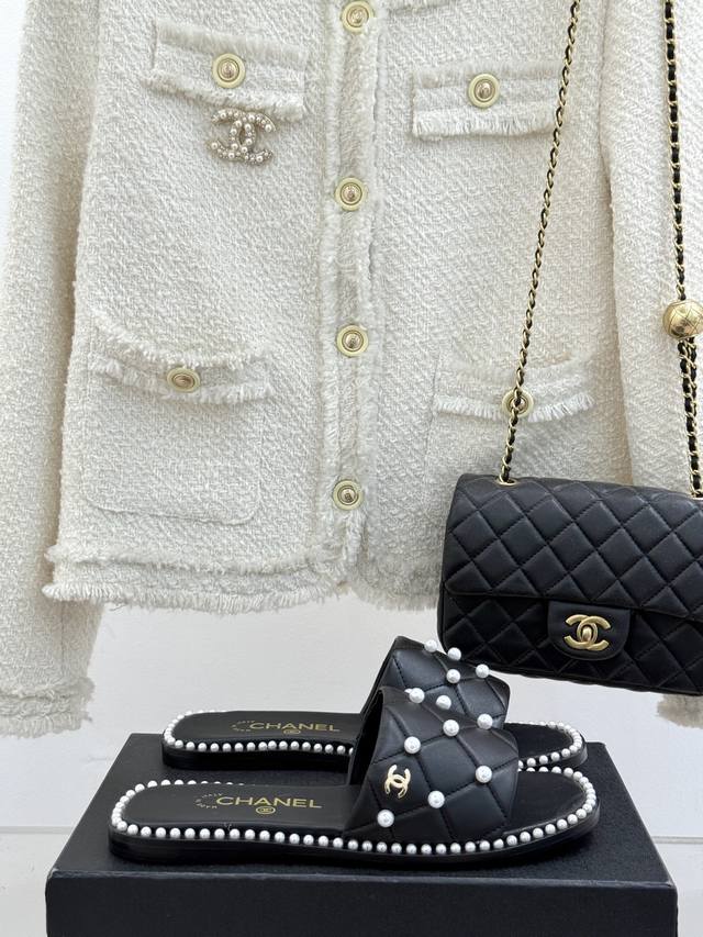 Factory Price Chane* Chanel 25P Spring And Summer New Product Pearl Flat Slipper