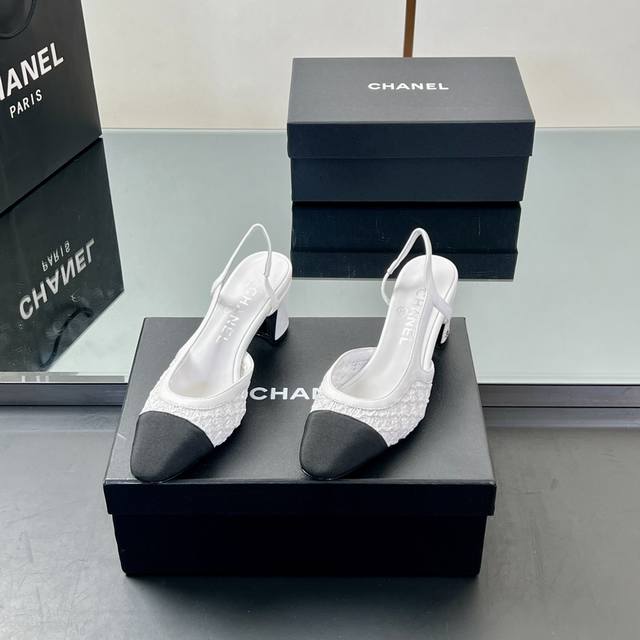 Main Model Chanel Slingback Classic Series Splicing Chunky Heel Sandals Fashion
