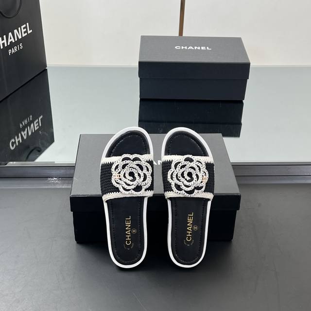 High Version Chanel Camellia Knitted Wool Flat Slippers Chanel 2 Spring And Summ