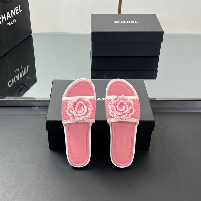 High Version Chanel Camellia Knitted Wool Flat Slippers Chanel 2 Spring And Summ