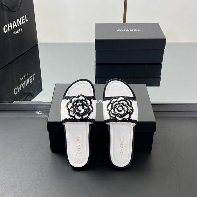 High Version Chanel Camellia Knitted Wool Flat Slippers Chanel 2 Spring And Summ