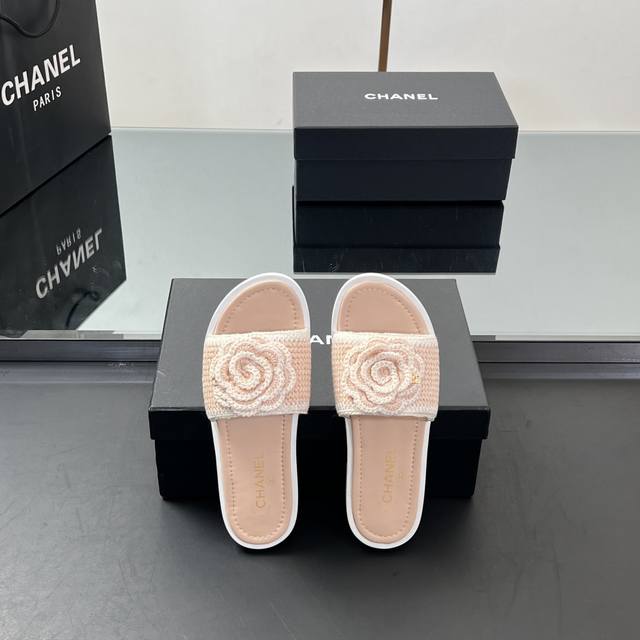 High Version Chanel Camellia Knitted Wool Flat Slippers Chanel 2 Spring And Summ