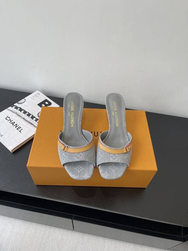 louis Vuitton 25Ss New Arrival Spring And Summer Denim Kitten Heel Slippers T