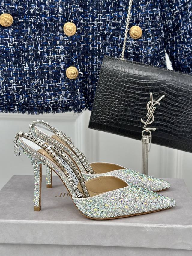 Factory Price Jimmy Choo Classic Diamond Chain Pointed Crystal High-Heeled Sanda
