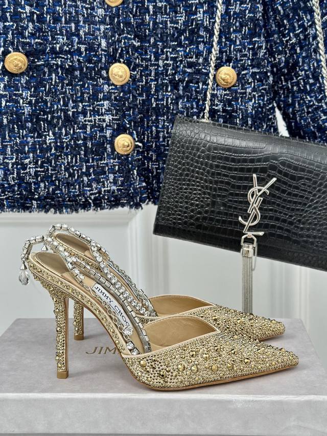 Factory Price Jimmy Choo Classic Diamond Chain Pointed Crystal High-Heeled Sanda