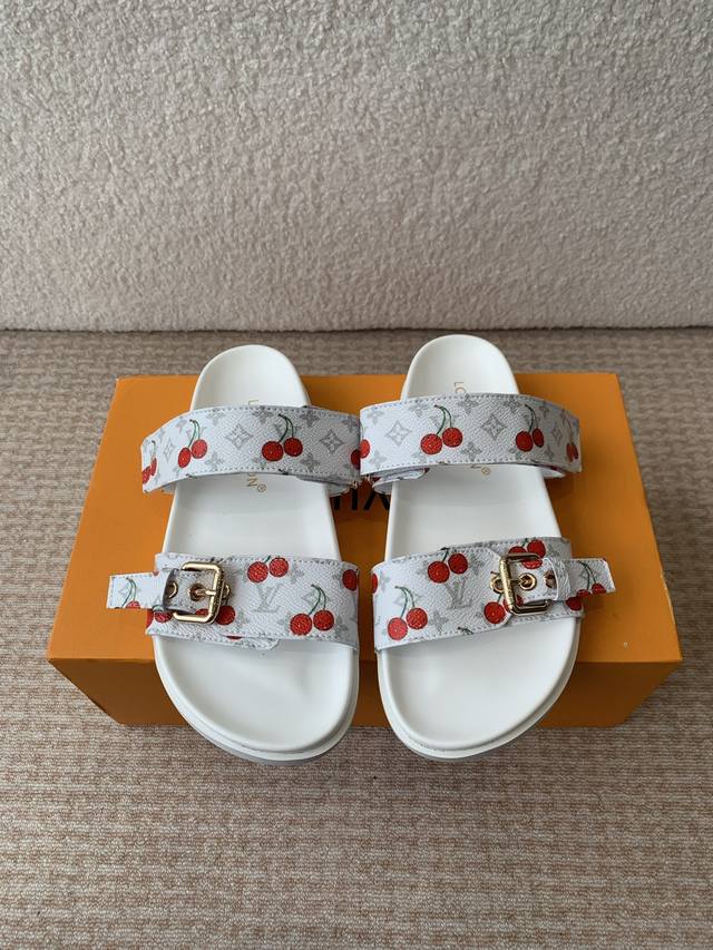 lv2025Ss Cherry Series Spring And Summer New Slippers Velcro Adjustable Elast