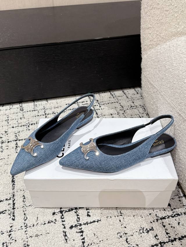 celine Celine 25 New Summer Color Arc De Triomphe Denim Flat Kitten Heel Sand