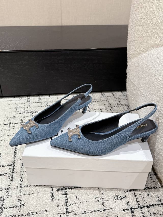 celine Celine 25 New Summer Color Arc De Triomphe Denim Flat Kitten Heel Sand