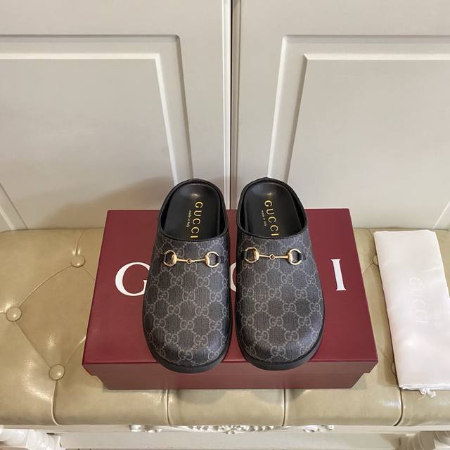 Factory Price P Gucci New Round Toe Mule Slippers Classic Double G Original Rubb