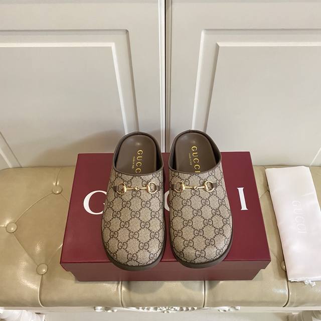 Factory Price P Gucci New Round Toe Mule Slippers Classic Double G Original Rubb