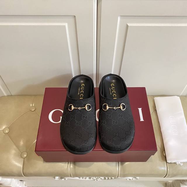 Factory Price P Gucci New Round Toe Mule Slippers Classic Double G Original Rubb