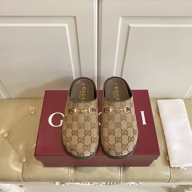 Factory Price P Gucci New Round Toe Mule Slippers Classic Double G Original Rubb