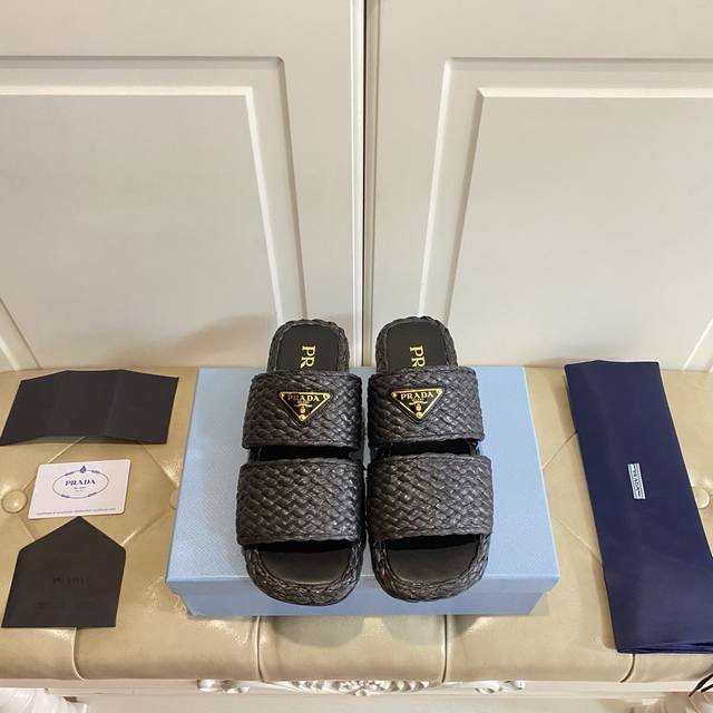 Factory Price P Prada New Raffia Woven Slippers Original Custom Raffia Sheepskin