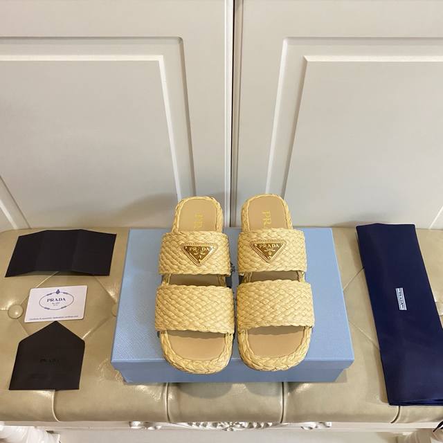Factory Price P Prada New Raffia Woven Slippers Original Custom Raffia Sheepskin